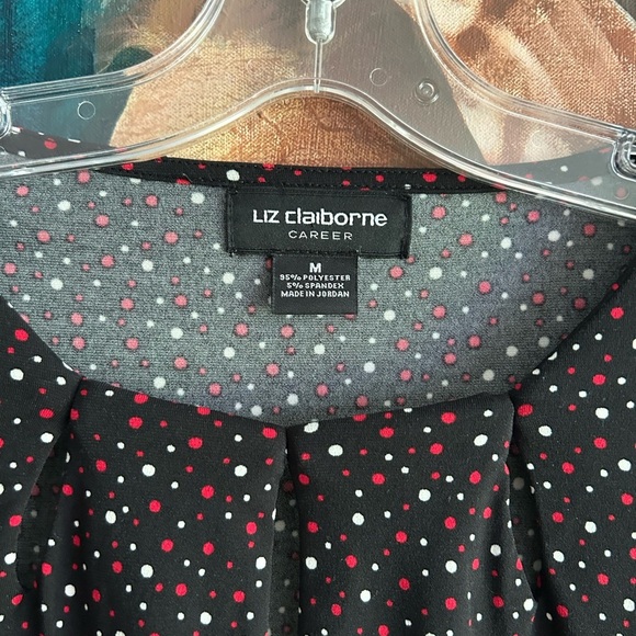 Liz Claiborne Women’s Size Medium Black White Dotted Keyhole Pullover Blouse - Picture 3 of 14